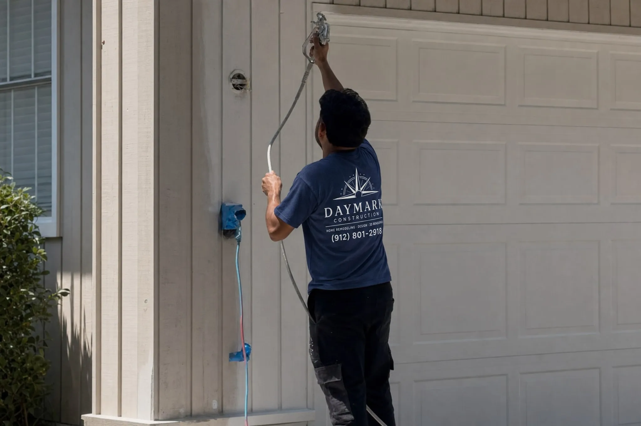 A Daymark crew member spraying the trim beside a garage door.