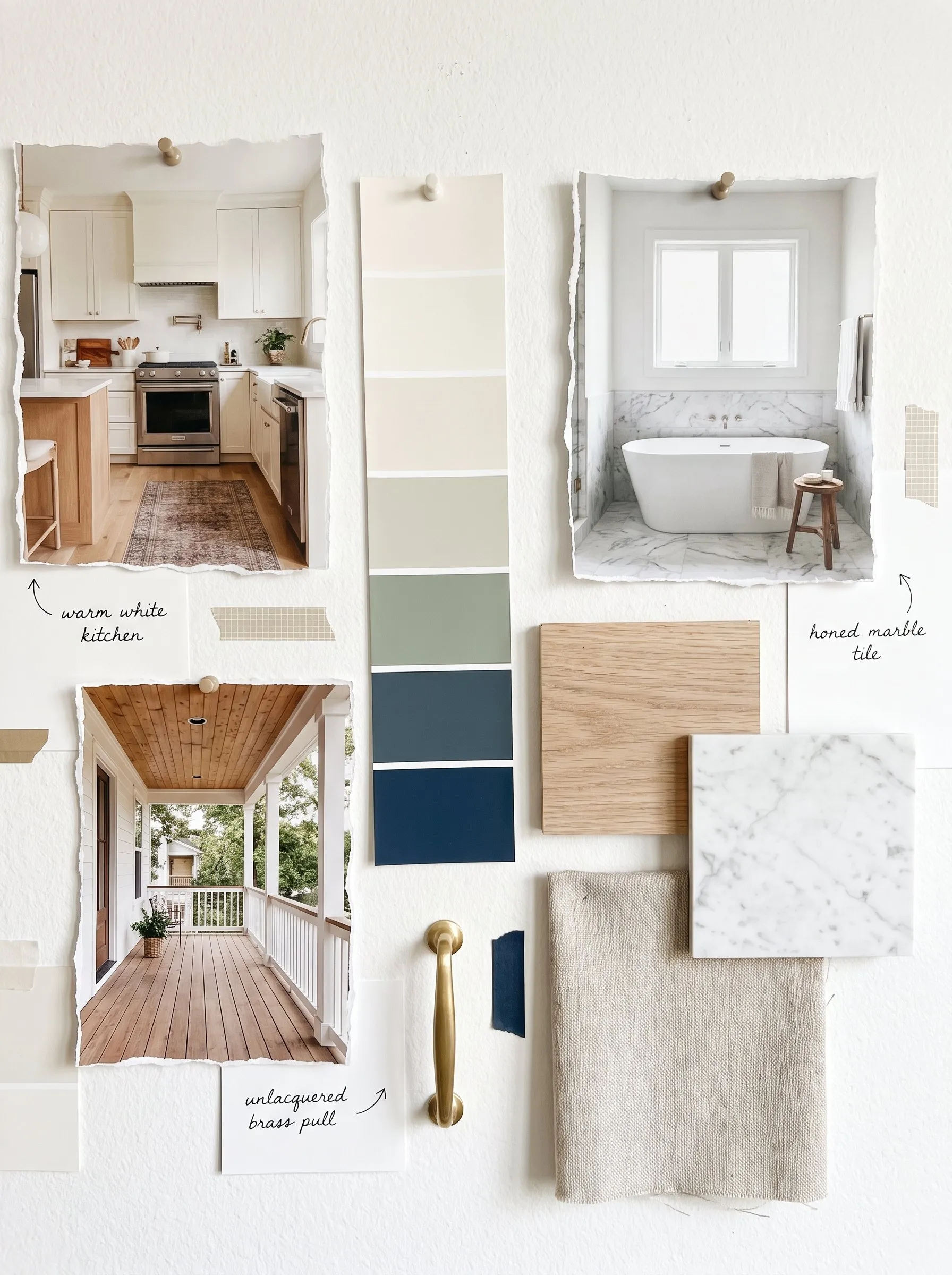 A renovation mood board pinned to a white wall: torn photographs of a warm white kitchen, a marble bath and a wooden porch, a strip of paint swatches, samples of oak, marble and linen, a brass pull, and handwritten labels with arrows.