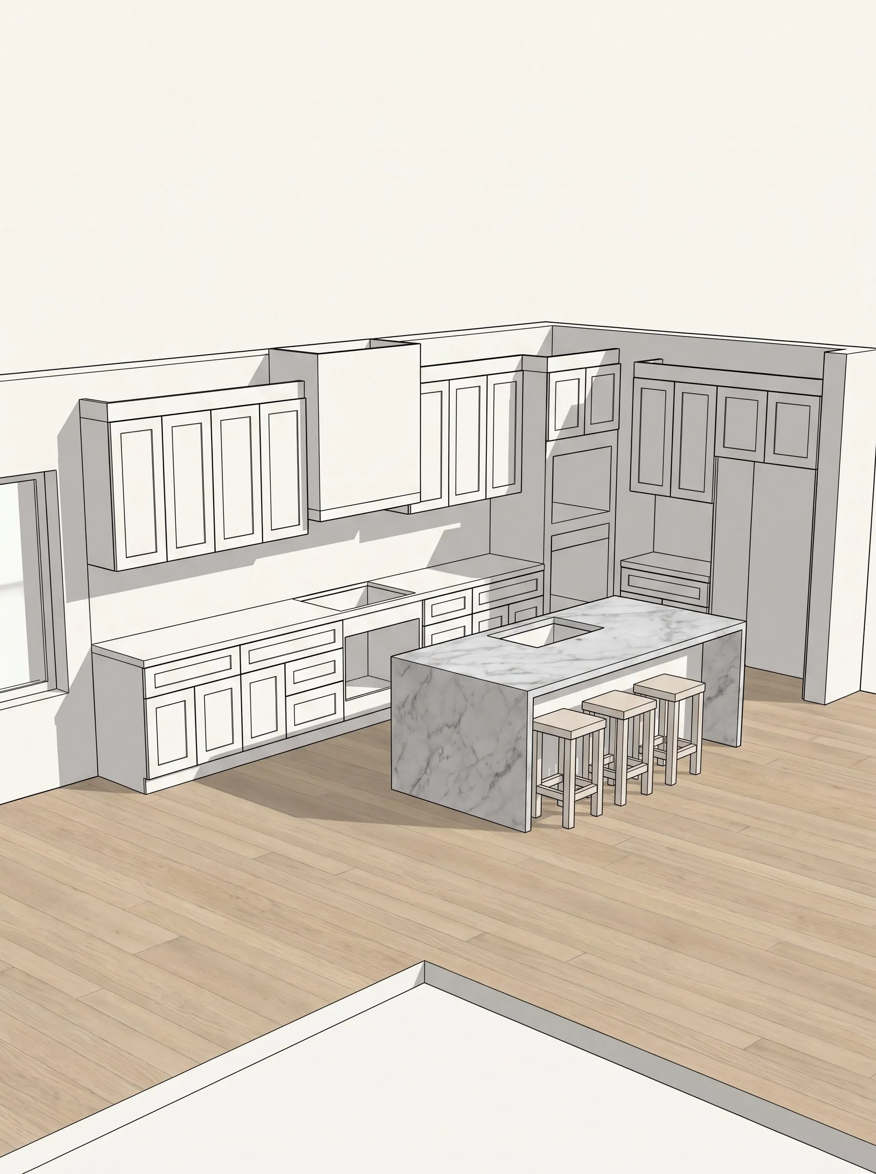 A SketchUp-style 3D model of a kitchen: white shaker cabinets, a marble island with three stools and a pale oak floor, every edge drawn as a thin line, seen from above.
