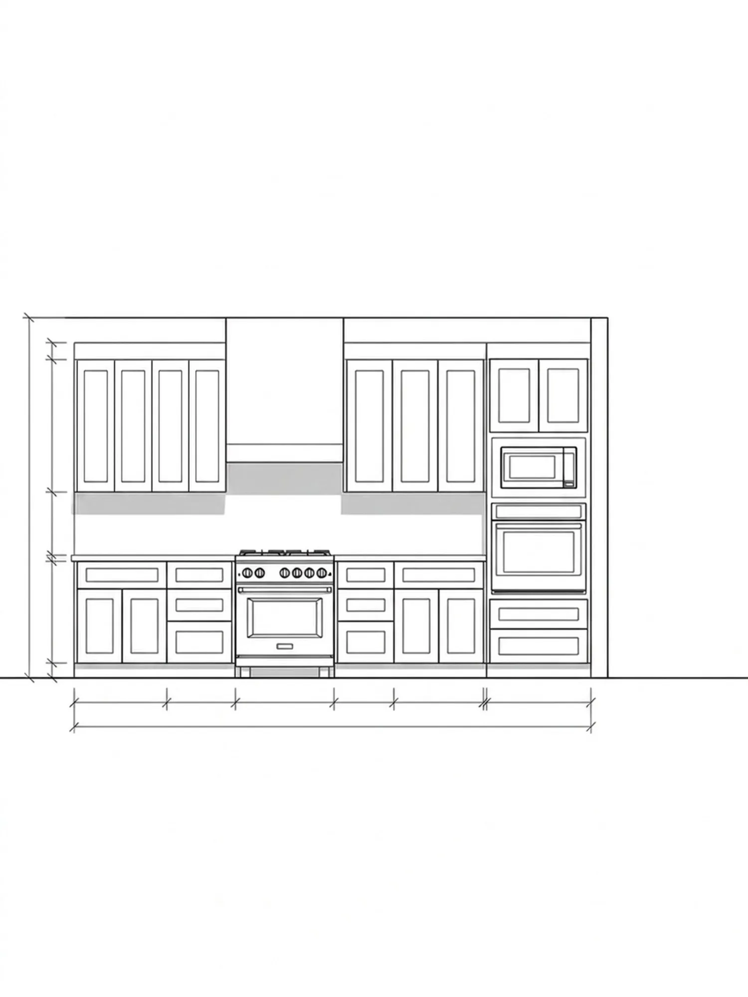 An elevation drawing of the range wall, straight on: four shaker doors left of the hood and three to its right, the hood centered over the range, one unbroken counter over base cabinets and drawers, and the run ending at the built-in tower with the microwave over the wall oven, with dimension lines.