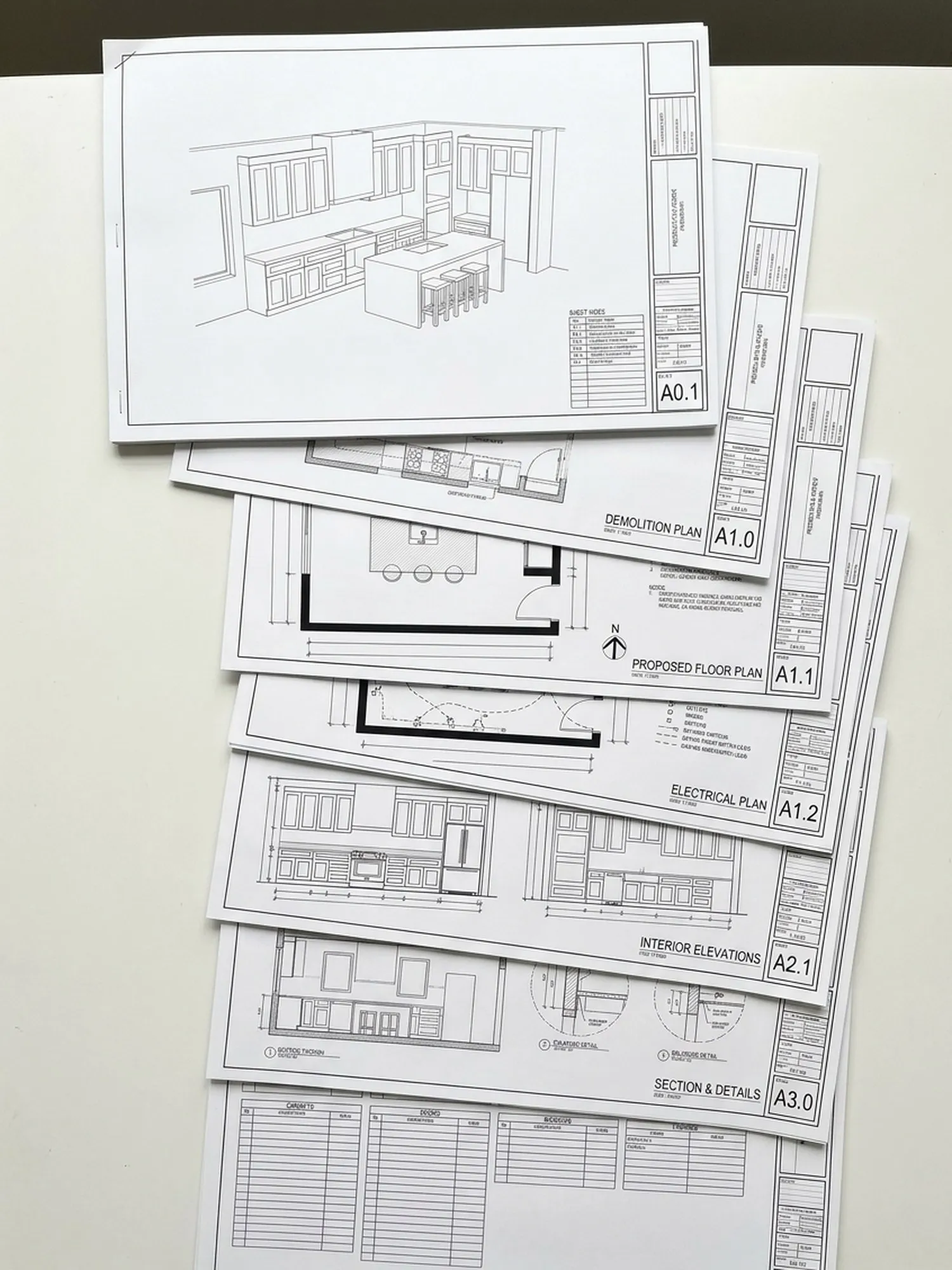A bound residential drawing set for the kitchen, fanned on a table: the cover sheet with a small 3D view and the sheet index, then the demolition plan, the proposed floor plan, the electrical plan, interior elevations with every cabinet dimensioned, a section and details, and the schedules, each sheet with its title block and number.