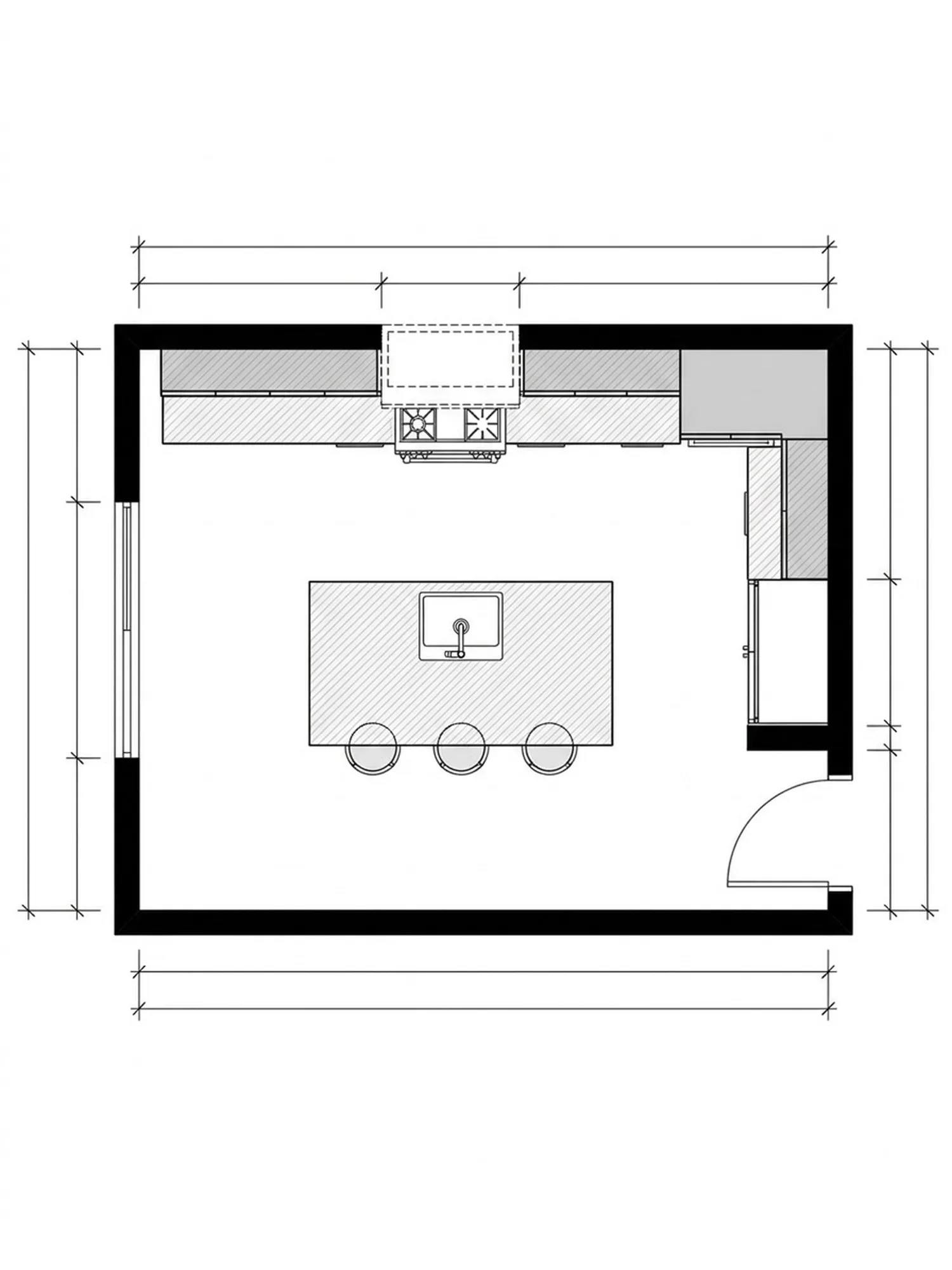 A 2D floor plan of the kitchen: thick black walls, the range and its dashed hood in the run of cabinets along the top wall, the sink drawn in the island with three stools along its near side, a window in the left wall, a tall refrigerator cabinet and a door in the right wall, and dimension lines around the outside.