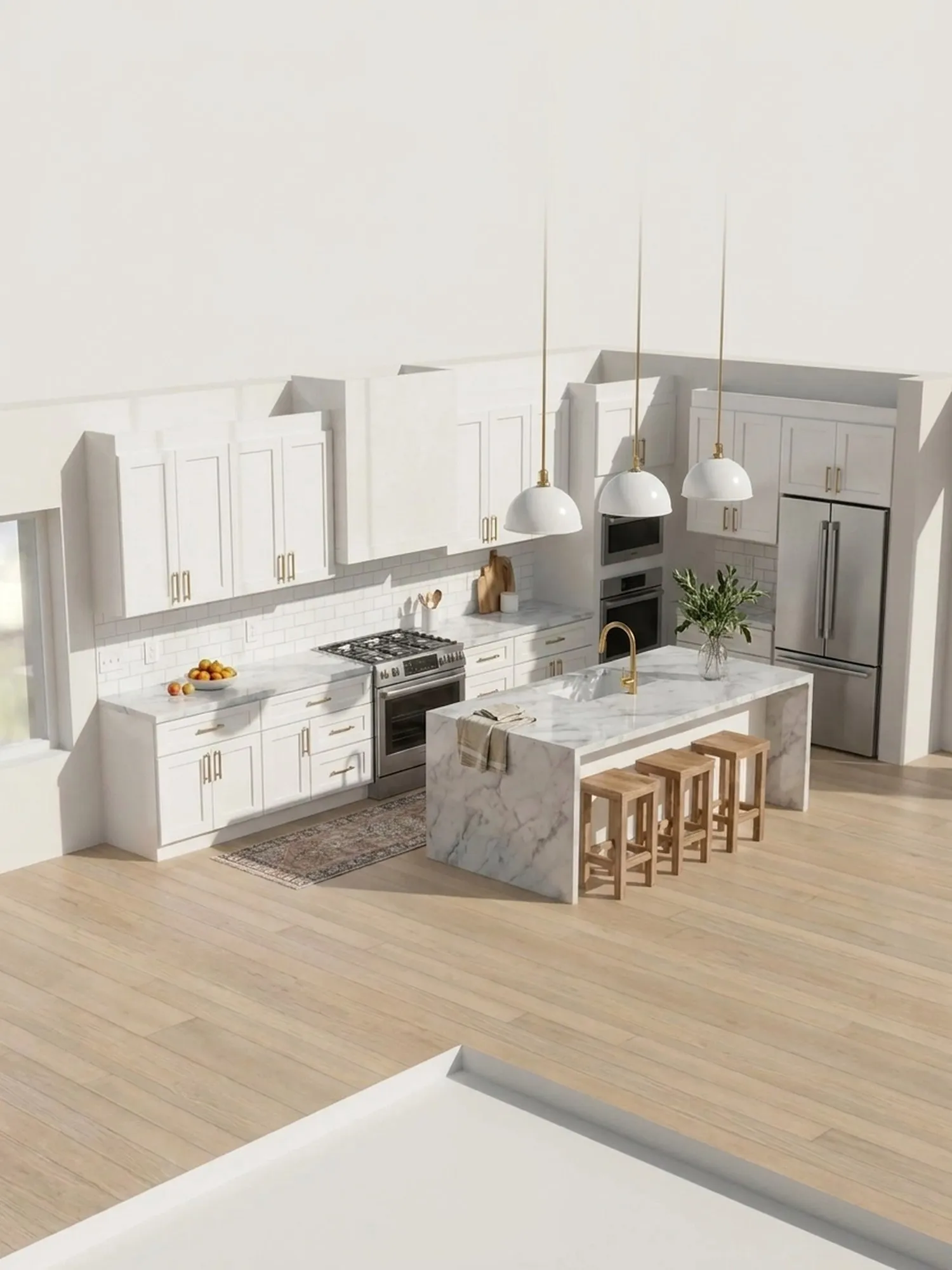 The same kitchen as a photorealistic rendering, fitted out: white shaker cabinets, a range under a plaster hood, a wall oven, a refrigerator, the sink in the marble island with a brass faucet, three white pendants over the island, oak stools, a runner on the pale oak floor.
